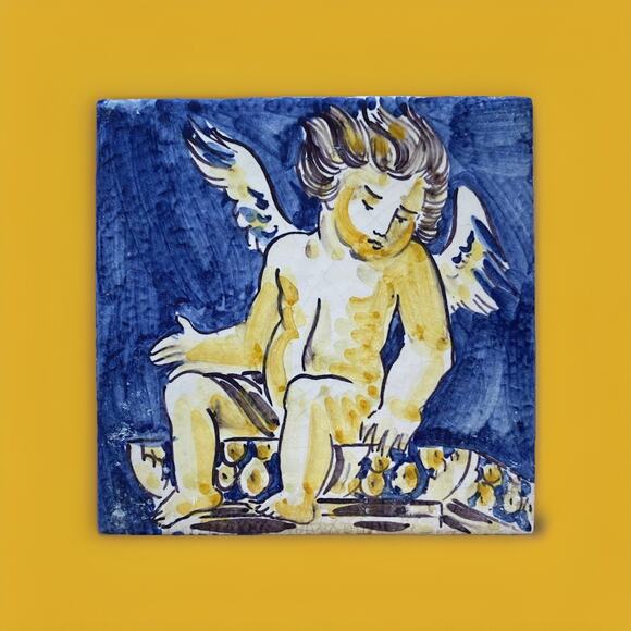 2 Angel Cherub Portuguese Ceramic Tiles Azulejo Trivet Coaster handpainted 5.4" - Picture 2 of 6